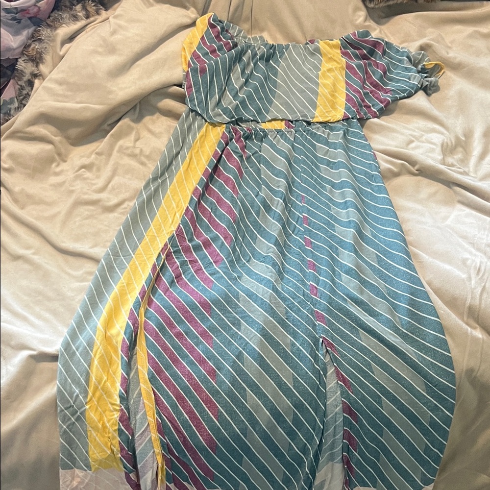 O'Neill Off-Shoulder Striped Dress - Blue, Yellow, Pink